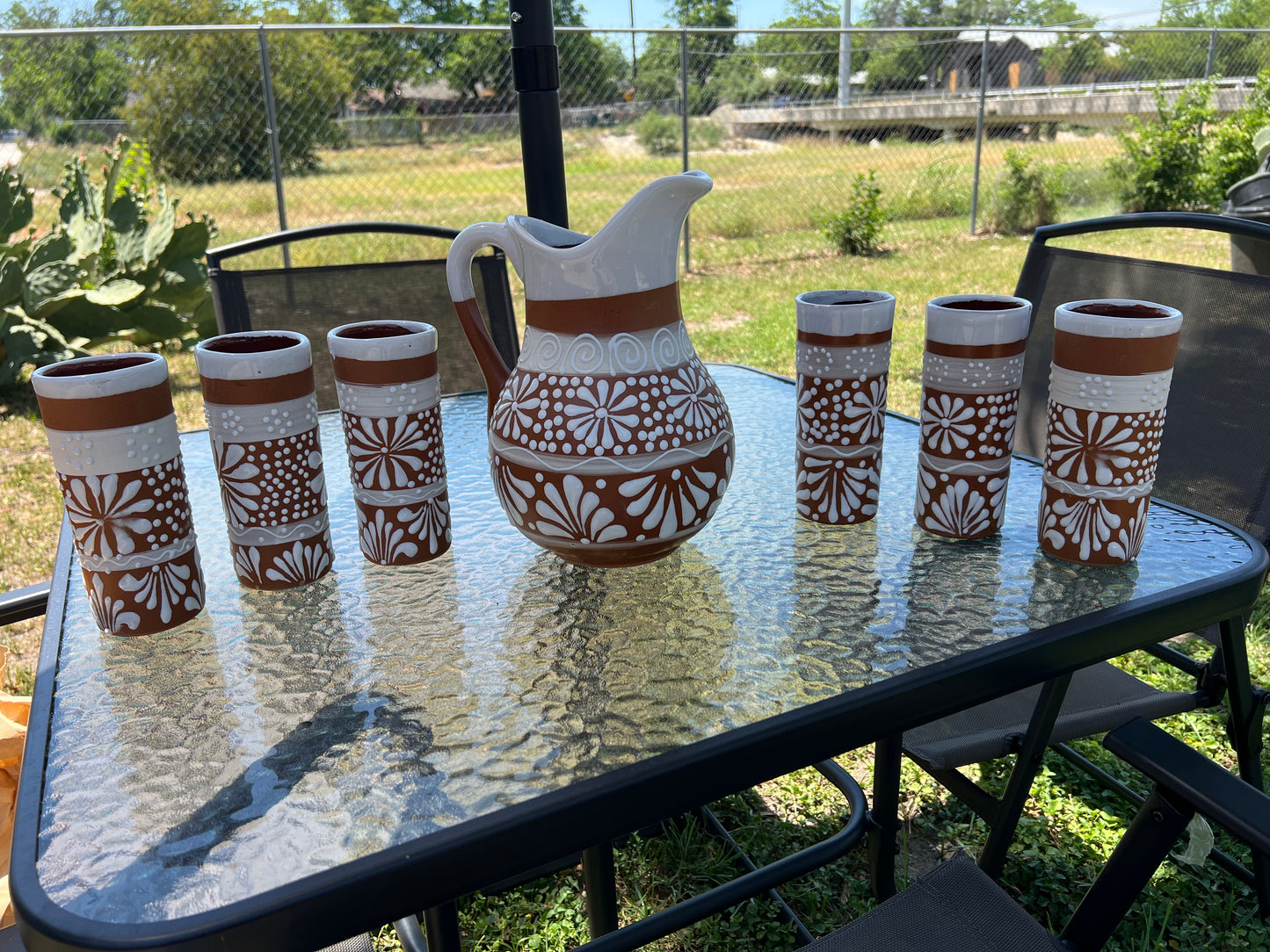 Artisan Clay Pitcher & Cup Set – 1 Gallon Glazed Pitcher with 6 x 22 oz Cups