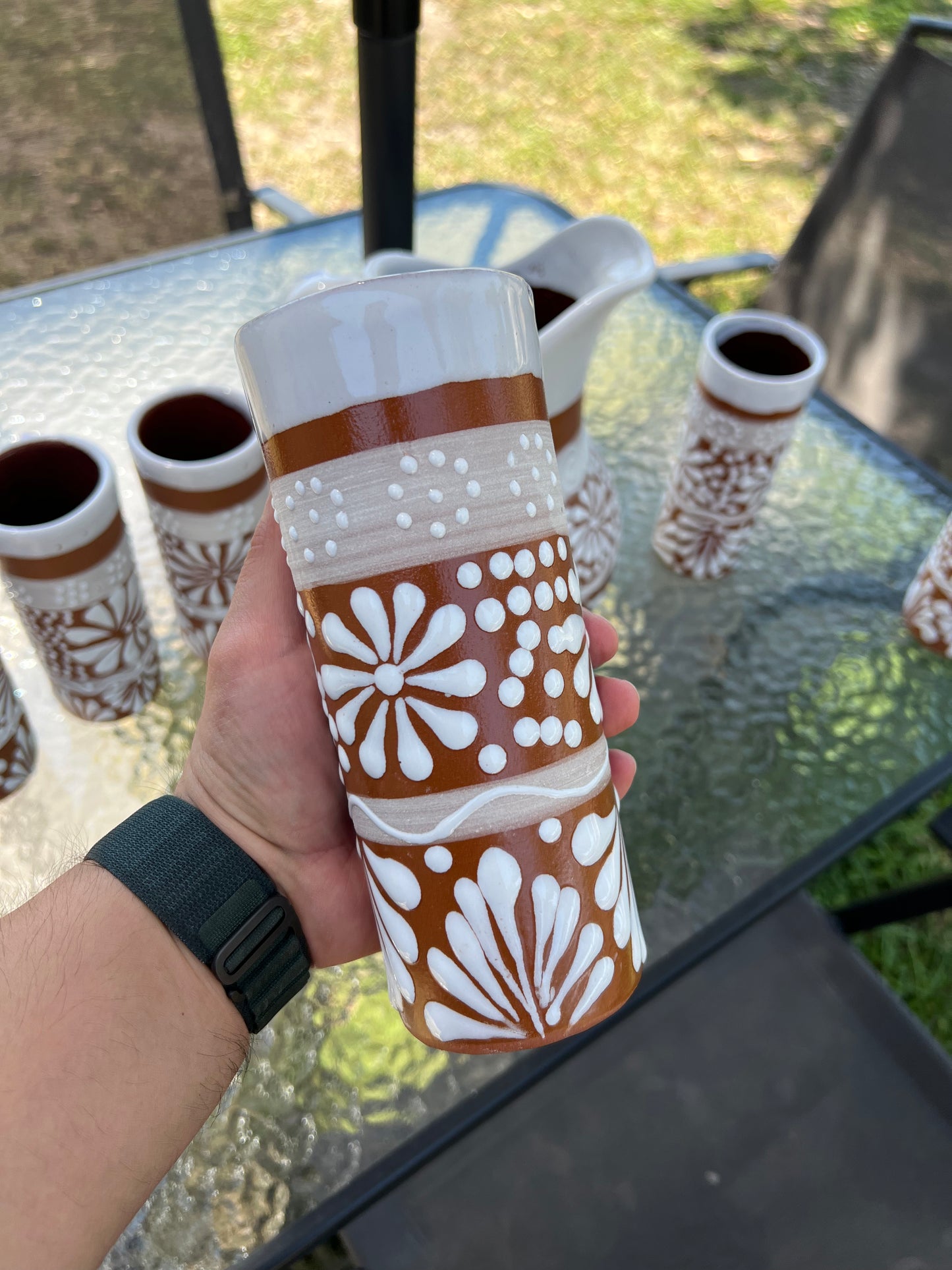 Artisan Clay Pitcher & Cup Set – 1 Gallon Glazed Pitcher with 6 x 22 oz Cups